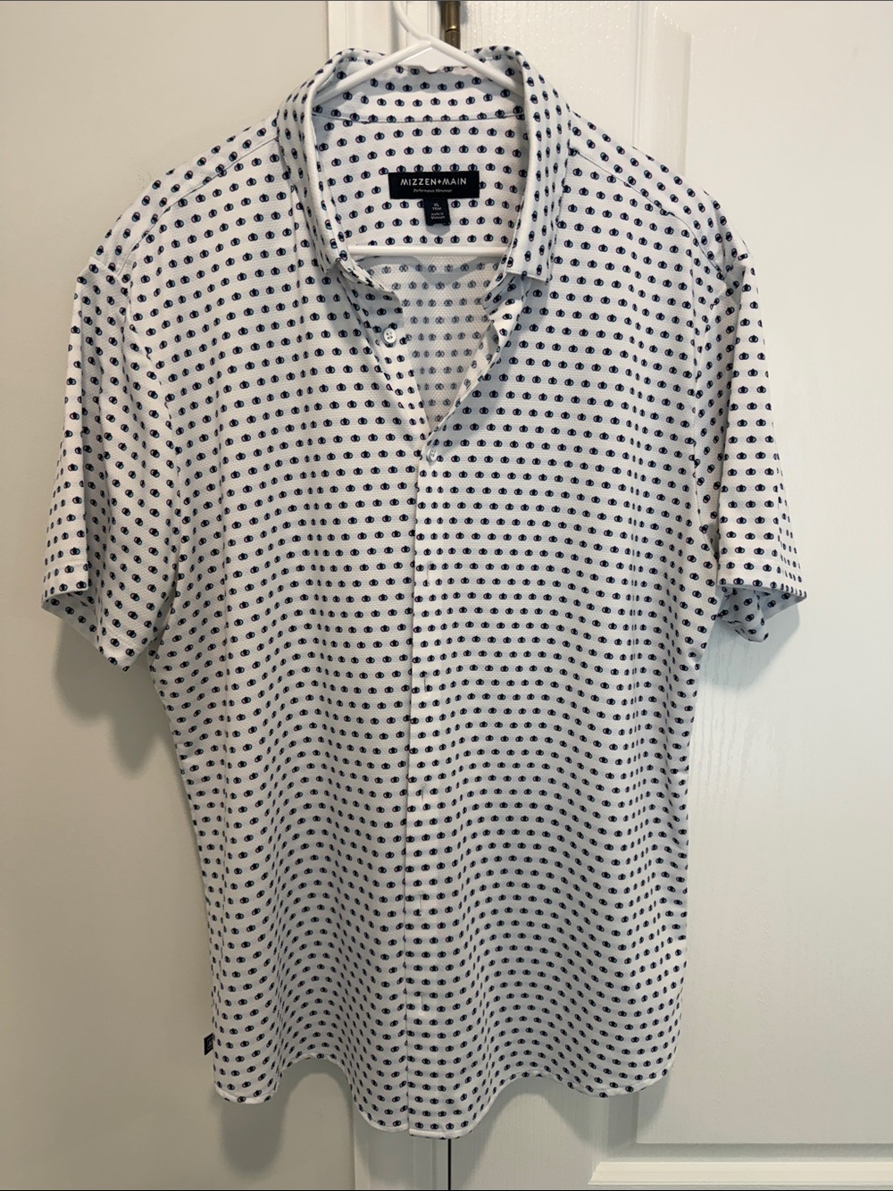 Muzzle + Main White Polo with Navy Dot Pattern